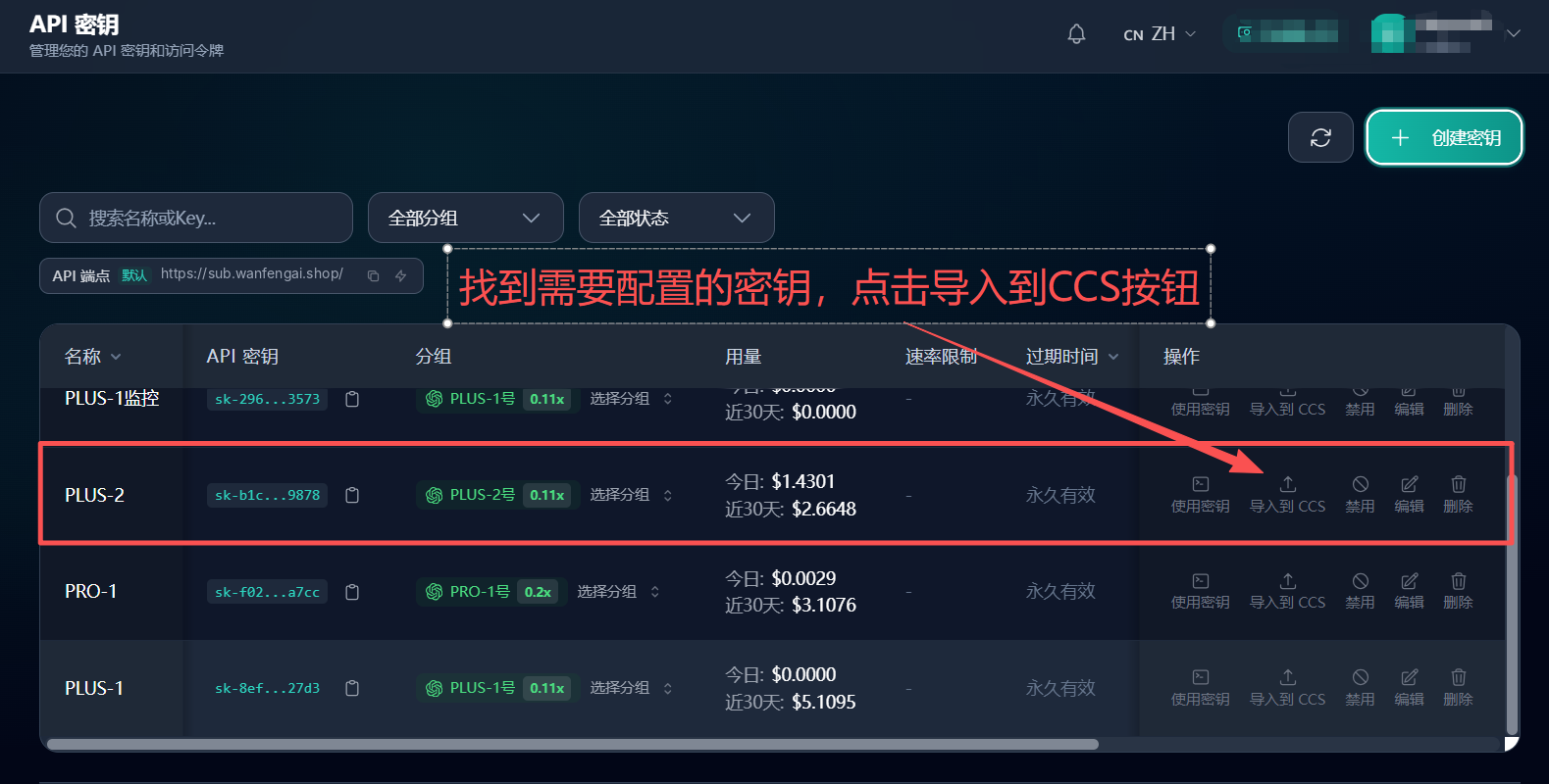 控制台密钥导入按钮